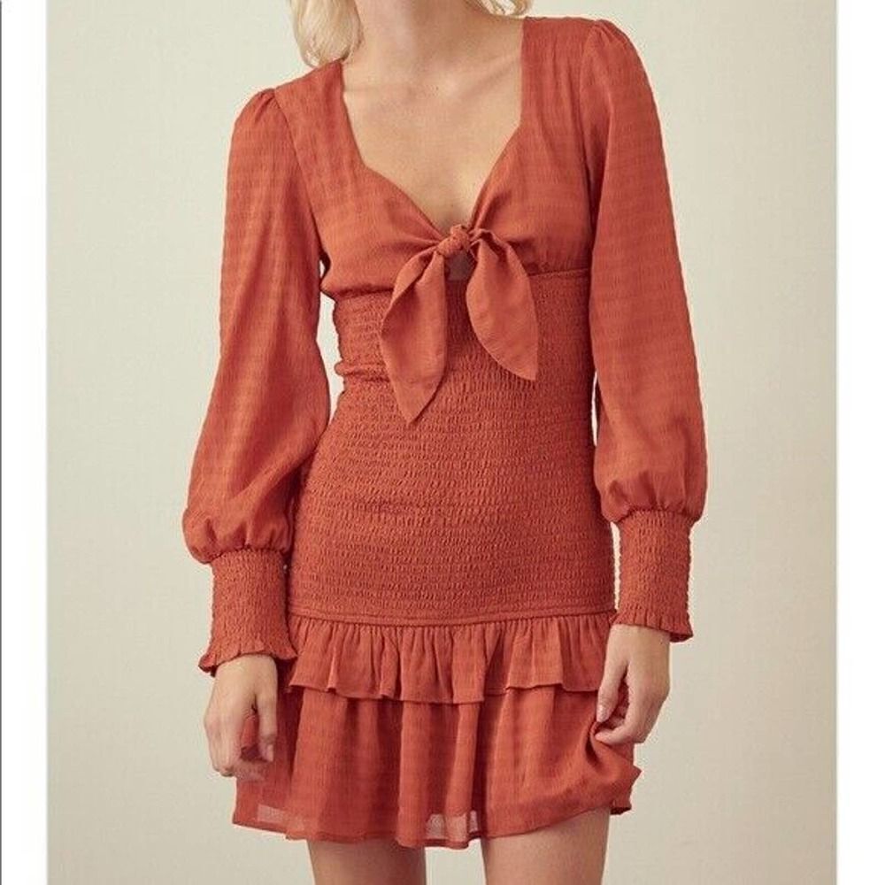 NEW! Storia Cinch orange long sleeve ruffle bodycon mini dress size Medium